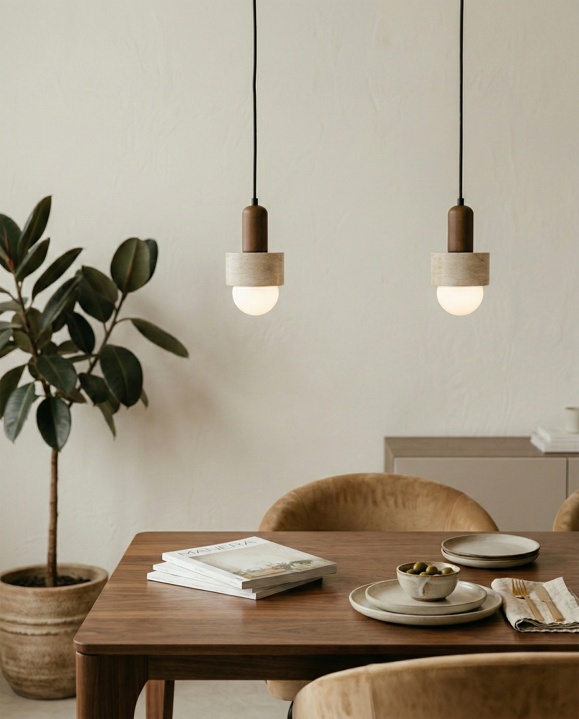 Suspension lampe de chevet Lykta travertin wabi sabi par korven studio
